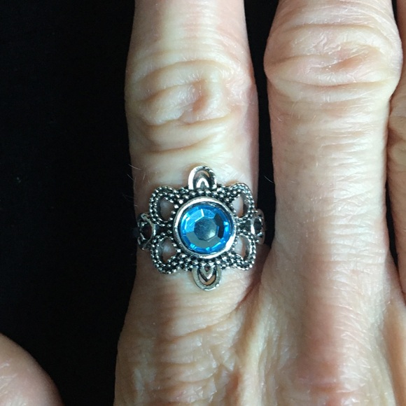 Silver Boho Flower Shaped Blue Stone Ring - Picture 2 of 7